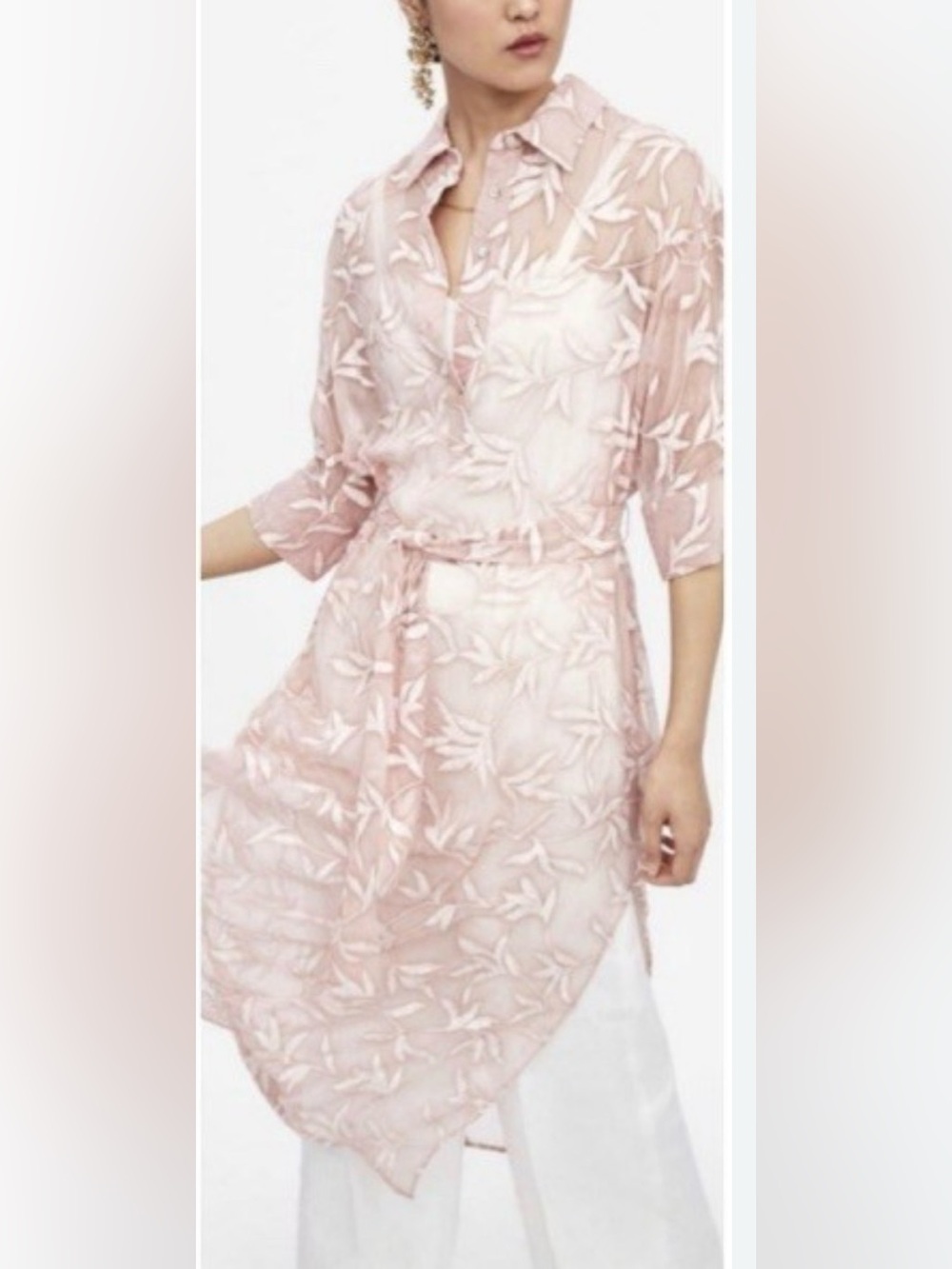 Zara - Floral Sheer Embroidered Light Pink Half Button Midi Dress Size Medium